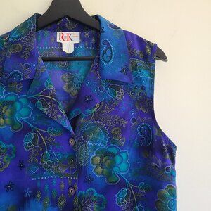 Vintage Colorful Shift Midi Dress 12 Blue Paisley Button Front Tie Back